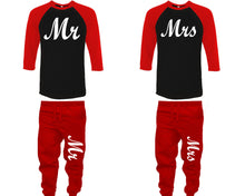 Load image into Gallery viewer, Mr and Mrs baseball shirts, matching top and bottom set, Red Black Red baseball shirts, men joggers, shirt and jogger pants women. Matching couple joggers