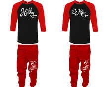 將圖片載入圖庫檢視器 Hubby and Wifey baseball shirts, matching top and bottom set, Red Black Red baseball shirts, men joggers, shirt and jogger pants women. Matching couple joggers