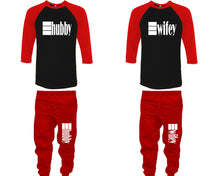 將圖片載入圖庫檢視器 Hubby and Wifey baseball shirts, matching top and bottom set, Red Black Red baseball shirts, men joggers, shirt and jogger pants women. Matching couple joggers