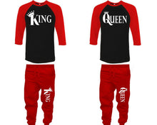 將圖片載入圖庫檢視器 King and Queen baseball shirts, matching top and bottom set, Red Black Red baseball shirts, men joggers, shirt and jogger pants women. Matching couple joggers
