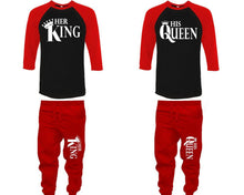 Load image into Gallery viewer, Her King and His Queen baseball shirts, matching top and bottom set, Red Black Red baseball shirts, men joggers, shirt and jogger pants women. Matching couple joggers