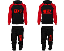 Load image into Gallery viewer, King and Queen matching top and bottom set, Red Black raglan hoodie and sweatpants sets for mens, raglan hoodie and jogger set womens. Matching couple joggers.