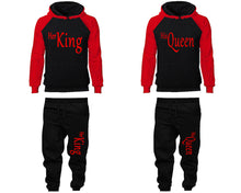 Load image into Gallery viewer, Her King and His Queen matching top and bottom set, Red Black raglan hoodie and sweatpants sets for mens, raglan hoodie and jogger set womens. Matching couple joggers.