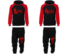 Load image into Gallery viewer, King and Queen matching top and bottom set, Red Black raglan hoodie and sweatpants sets for mens, raglan hoodie and jogger set womens. Matching couple joggers.