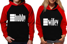 Load image into Gallery viewer, Hubby and Wifey raglan hoodies, Matching couple hoodies, Red Black his and hers man and woman contrast raglan hoodies