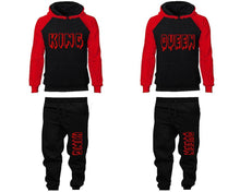 Load image into Gallery viewer, King and Queen matching top and bottom set, Red Black raglan hoodie and sweatpants sets for mens, raglan hoodie and jogger set womens. Matching couple joggers.
