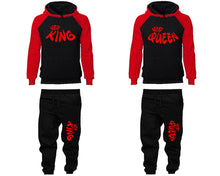 Load image into Gallery viewer, Her King and His Queen matching top and bottom set, Red Black raglan hoodie and sweatpants sets for mens, raglan hoodie and jogger set womens. Matching couple joggers.