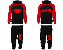 Load image into Gallery viewer, Hubby and Wifey matching top and bottom set, Red Black raglan hoodie and sweatpants sets for mens, raglan hoodie and jogger set womens. Matching couple joggers.