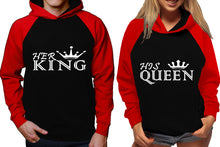 Load image into Gallery viewer, Her King and His Queen raglan hoodies, Matching couple hoodies, Red Black his and hers man and woman contrast raglan hoodies