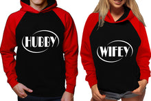 Load image into Gallery viewer, Hubby and Wifey raglan hoodies, Matching couple hoodies, Red Black his and hers man and woman contrast raglan hoodies