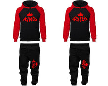 Load image into Gallery viewer, King and Queen matching top and bottom set, Red Black raglan hoodie and sweatpants sets for mens, raglan hoodie and jogger set womens. Matching couple joggers.