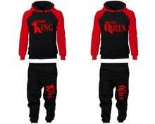 Load image into Gallery viewer, Her King and His Queen matching top and bottom set, Red Black raglan hoodie and sweatpants sets for mens, raglan hoodie and jogger set womens. Matching couple joggers.