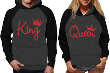 Load image into Gallery viewer, King and Queen raglan hoodies, Matching couple hoodies, Red Glitter King Queen design on man and woman hoodies