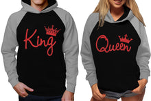 Load image into Gallery viewer, King and Queen raglan hoodies, Matching couple hoodies, Red Glitter King Queen design on man and woman hoodies