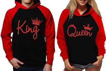 Load image into Gallery viewer, King and Queen raglan hoodies, Matching couple hoodies, Red Glitter King Queen design on man and woman hoodies