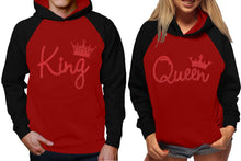 Load image into Gallery viewer, King and Queen raglan hoodies, Matching couple hoodies, Red Glitter King Queen design on man and woman hoodies