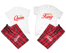 將圖片載入圖庫檢視器 King and Queen matching couple top bottom sets.Couple shirts, Red White_White flannel pants for men, flannel pants for women. Couple matching shirts.