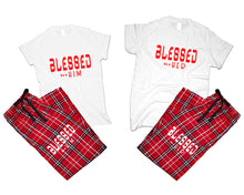 Load image into Gallery viewer, Blessed for Her and Blessed for Him matching couple top bottom sets.Couple shirts, Red White_White flannel pants for men, flannel pants for women. Couple matching shirts.