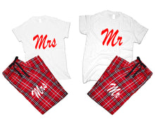Load image into Gallery viewer, Mr and Mrs matching couple top bottom sets.Couple shirts, Red White_White flannel pants for men, flannel pants for women. Couple matching shirts.