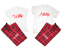 將圖片載入圖庫檢視器 Hubby and Wifey matching couple top bottom sets.Couple shirts, Red White_White flannel pants for men, flannel pants for women. Couple matching shirts.