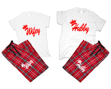 Load image into Gallery viewer, Hubby and Wifey matching couple top bottom sets.Couple shirts, Red White_White flannel pants for men, flannel pants for women. Couple matching shirts.