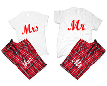 Load image into Gallery viewer, Mr and Mrs matching couple top bottom sets.Couple shirts, Red White_White flannel pants for men, flannel pants for women. Couple matching shirts.
