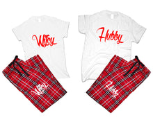將圖片載入圖庫檢視器 Hubby and Wifey matching couple top bottom sets.Couple shirts, Red White_White flannel pants for men, flannel pants for women. Couple matching shirts.