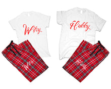 將圖片載入圖庫檢視器 Hubby and Wifey matching couple top bottom sets.Couple shirts, Red White_White flannel pants for men, flannel pants for women. Couple matching shirts.