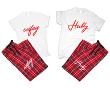 Load image into Gallery viewer, Hubby and Wifey matching couple top bottom sets.Couple shirts, Red White_White flannel pants for men, flannel pants for women. Couple matching shirts.