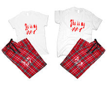 Load image into Gallery viewer, She's My Number 1 and He's My Number 1 matching couple top bottom sets.Couple shirts, Red White_White flannel pants for men, flannel pants for women. Couple matching shirts.