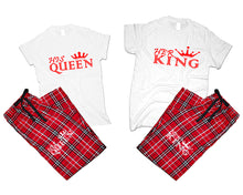 Load image into Gallery viewer, Her King and His Queen matching couple top bottom sets.Couple shirts, Red White_White flannel pants for men, flannel pants for women. Couple matching shirts.