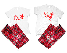 Load image into Gallery viewer, King and Queen matching couple top bottom sets.Couple shirts, Red White_White flannel pants for men, flannel pants for women. Couple matching shirts.
