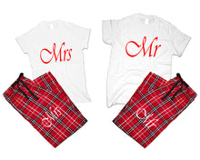 Load image into Gallery viewer, Mr and Mrs matching couple top bottom sets.Couple shirts, Red White_White flannel pants for men, flannel pants for women. Couple matching shirts.