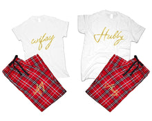 將圖片載入圖庫檢視器 Hubby and Wifey matching couple top bottom sets.Couple shirts, Red White_White flannel pants for men, flannel pants for women. Couple matching shirts.