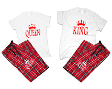 將圖片載入圖庫檢視器 King and Queen matching couple top bottom sets.Couple shirts, Red White_White flannel pants for men, flannel pants for women. Couple matching shirts.