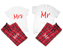 Load image into Gallery viewer, Mr and Mrs matching couple top bottom sets.Couple shirts, Red White_White flannel pants for men, flannel pants for women. Couple matching shirts.