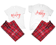 Load image into Gallery viewer, Hubby and Wifey matching couple top bottom sets.Couple shirts, Red White_White flannel pants for men, flannel pants for women. Couple matching shirts.