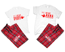 Load image into Gallery viewer, She's My Baby Mama and He's My Baby Daddy matching couple top bottom sets.Couple shirts, Red White_White flannel pants for men, flannel pants for women. Couple matching shirts.