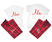 Load image into Gallery viewer, Mr and Mrs matching couple top bottom sets.Couple shirts, Red White_White flannel pants for men, flannel pants for women. Couple matching shirts.
