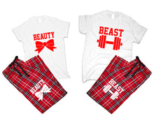 Load image into Gallery viewer, Beast and Beauty matching couple top bottom sets.Couple shirts, Red White_White flannel pants for men, flannel pants for women. Couple matching shirts.