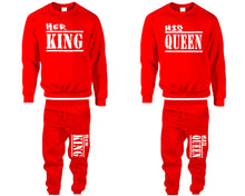 將圖片載入圖庫檢視器 Her King and His Queen top and bottom sets. Red sweatshirt and sweatpants set for men, sweater and jogger pants for women.