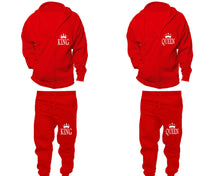 Load image into Gallery viewer, King and Queen zipper hoodies, Matching couple hoodies, Red zip up hoodie for man, Red zip up hoodie womens, Red jogger pants for man and woman.