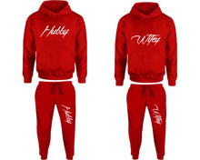Load image into Gallery viewer, Hubby and Wifey matching top and bottom set, Red pullover hoodie and sweatpants sets for mens, pullover hoodie and jogger set womens. Matching couple joggers.