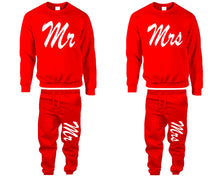 Load image into Gallery viewer, Mr and Mrs top and bottom sets. Red sweatshirt and sweatpants set for men, sweater and jogger pants for women.