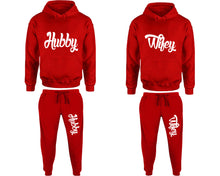 Load image into Gallery viewer, Hubby and Wifey matching top and bottom set, Red pullover hoodie and sweatpants sets for mens, pullover hoodie and jogger set womens. Matching couple joggers.