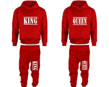 將圖片載入圖庫檢視器 King and Queen matching top and bottom set, Red pullover hoodie and sweatpants sets for mens, pullover hoodie and jogger set womens. Matching couple joggers.