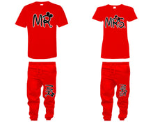 Load image into Gallery viewer, Mr Mrs shirts, matching top and bottom set, Red t shirts, men joggers, shirt and jogger pants women. Matching couple joggers