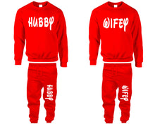將圖片載入圖庫檢視器 Hubby and Wifey top and bottom sets. Red sweatshirt and sweatpants set for men, sweater and jogger pants for women.
