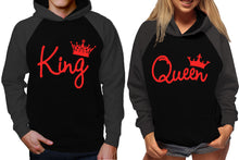 Load image into Gallery viewer, King and Queen raglan hoodies, Matching couple hoodies, Red King Queen design on man and woman hoodies