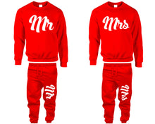 Load image into Gallery viewer, Mr and Mrs top and bottom sets. Red sweatshirt and sweatpants set for men, sweater and jogger pants for women.